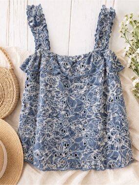 American Eagle Blue Floral Eyelet Tank Top Small Boho Cottagecore Ruffle